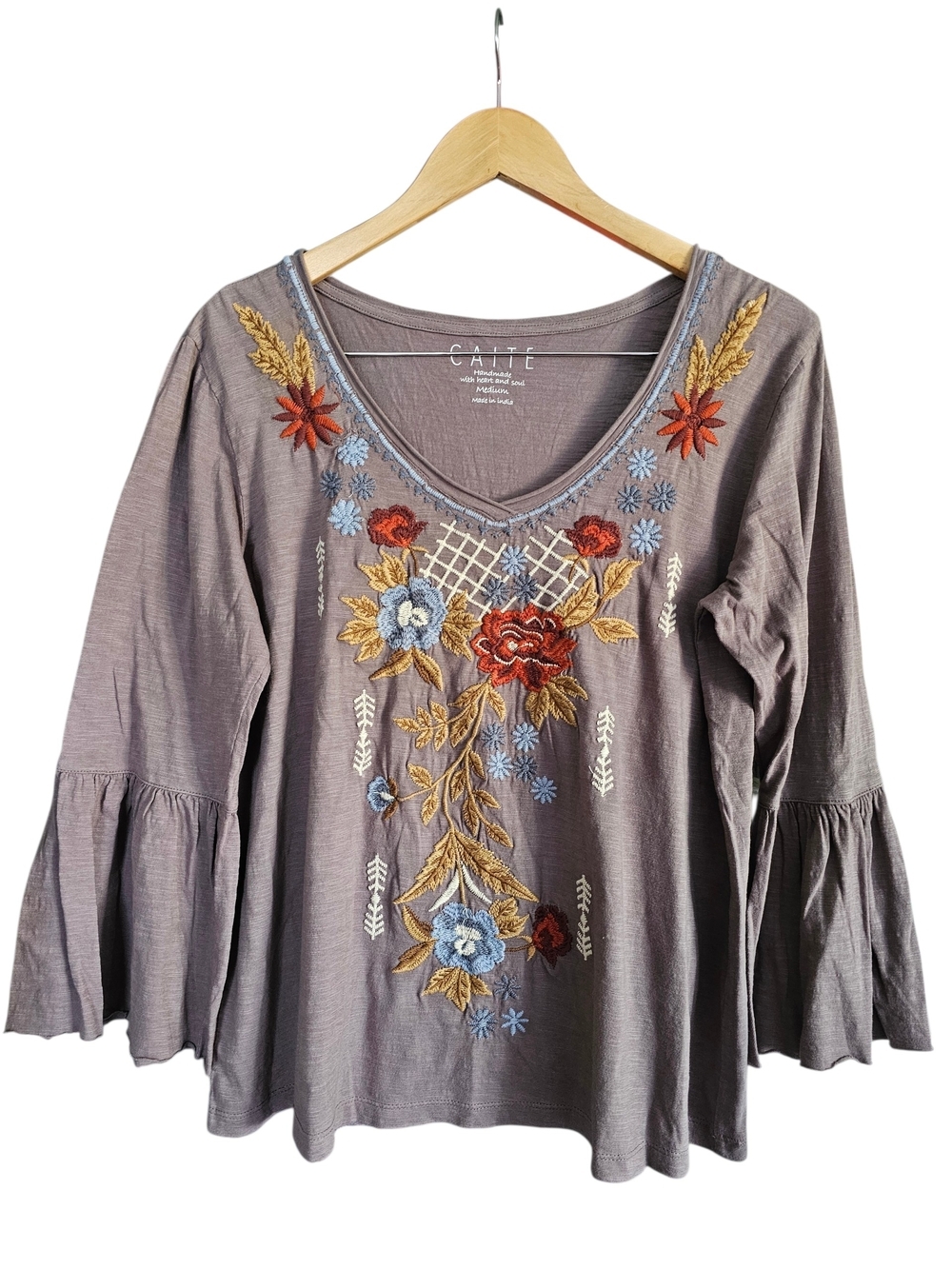 Caite Taupe Floral Embroidered V-Neck Bell Sleeve Tunic
